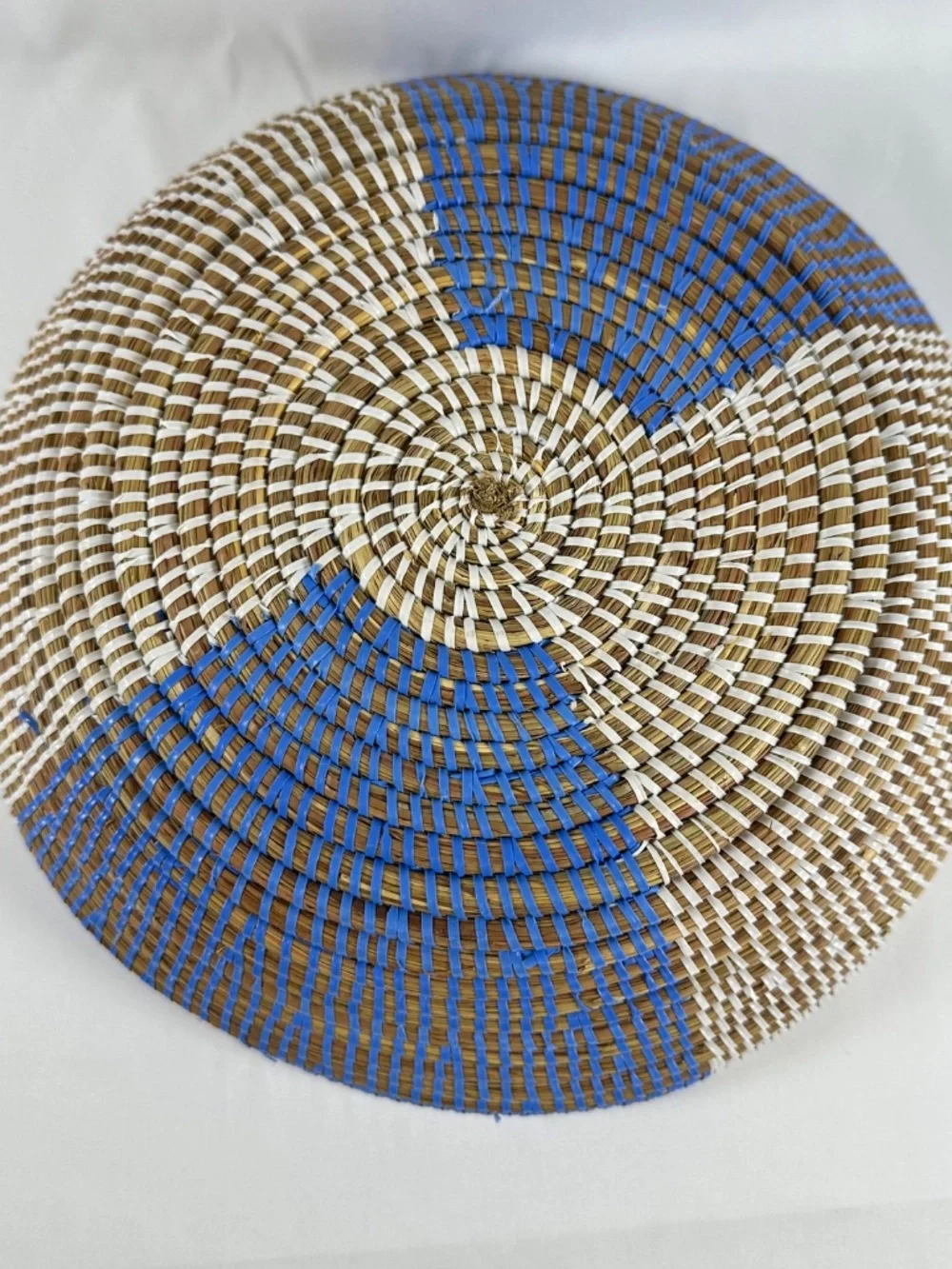 Straw & Plastic Weaved Decorative Basket/Bowl, Blue, White and Tan, Lightweight